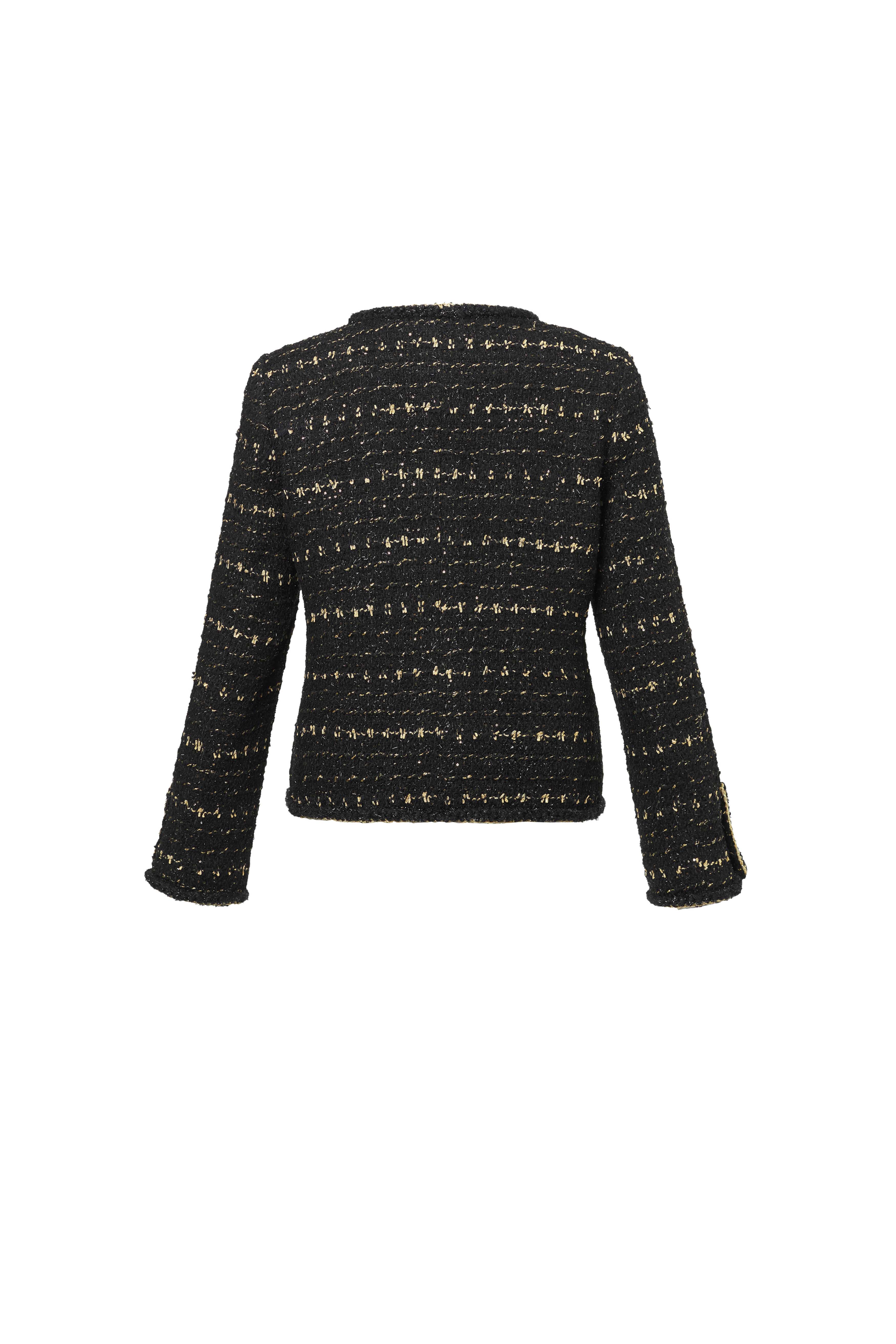 Black and Gold Round-Neck Wool Tweed Jacket