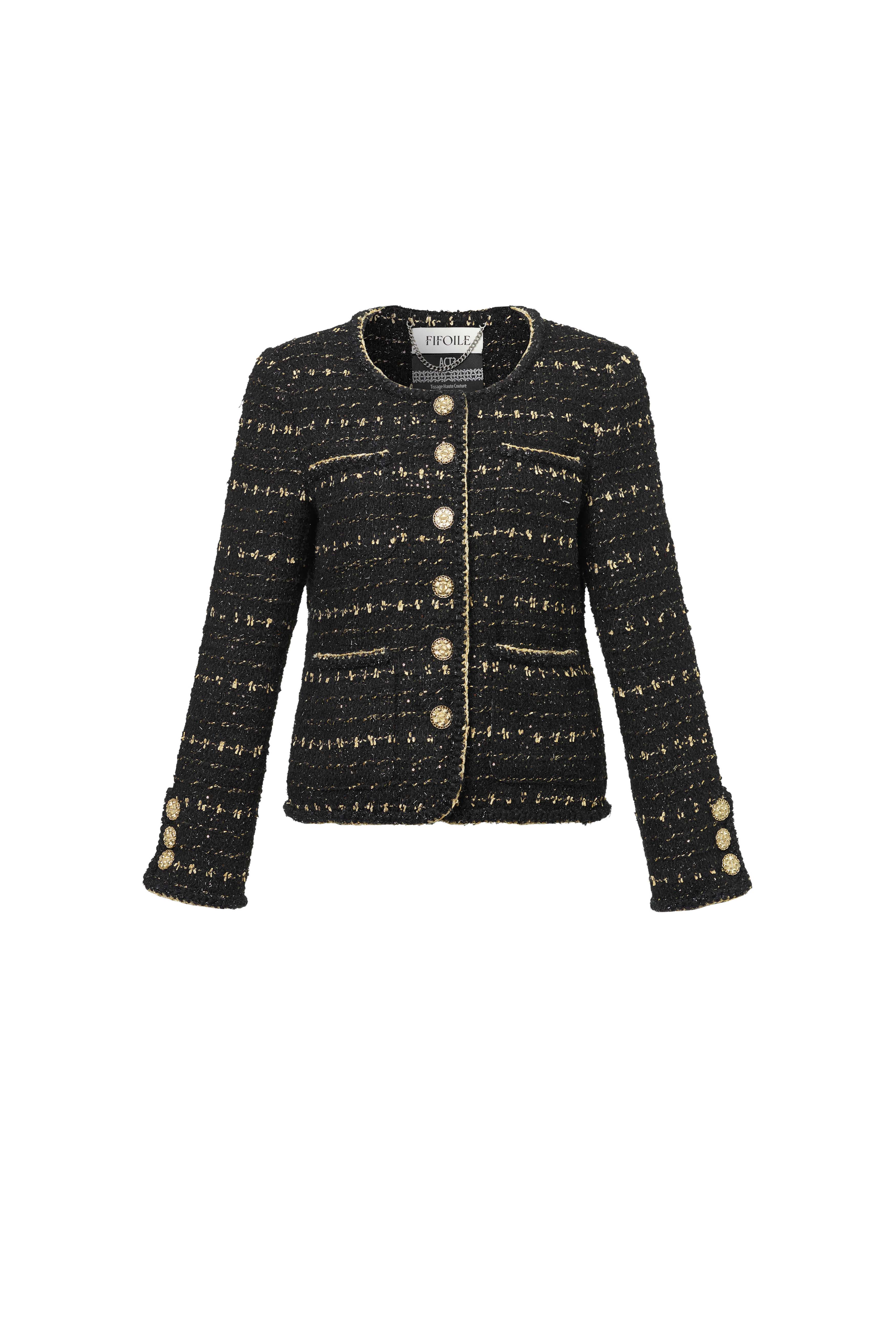 Black and Gold Round-Neck Wool Tweed Jacket
