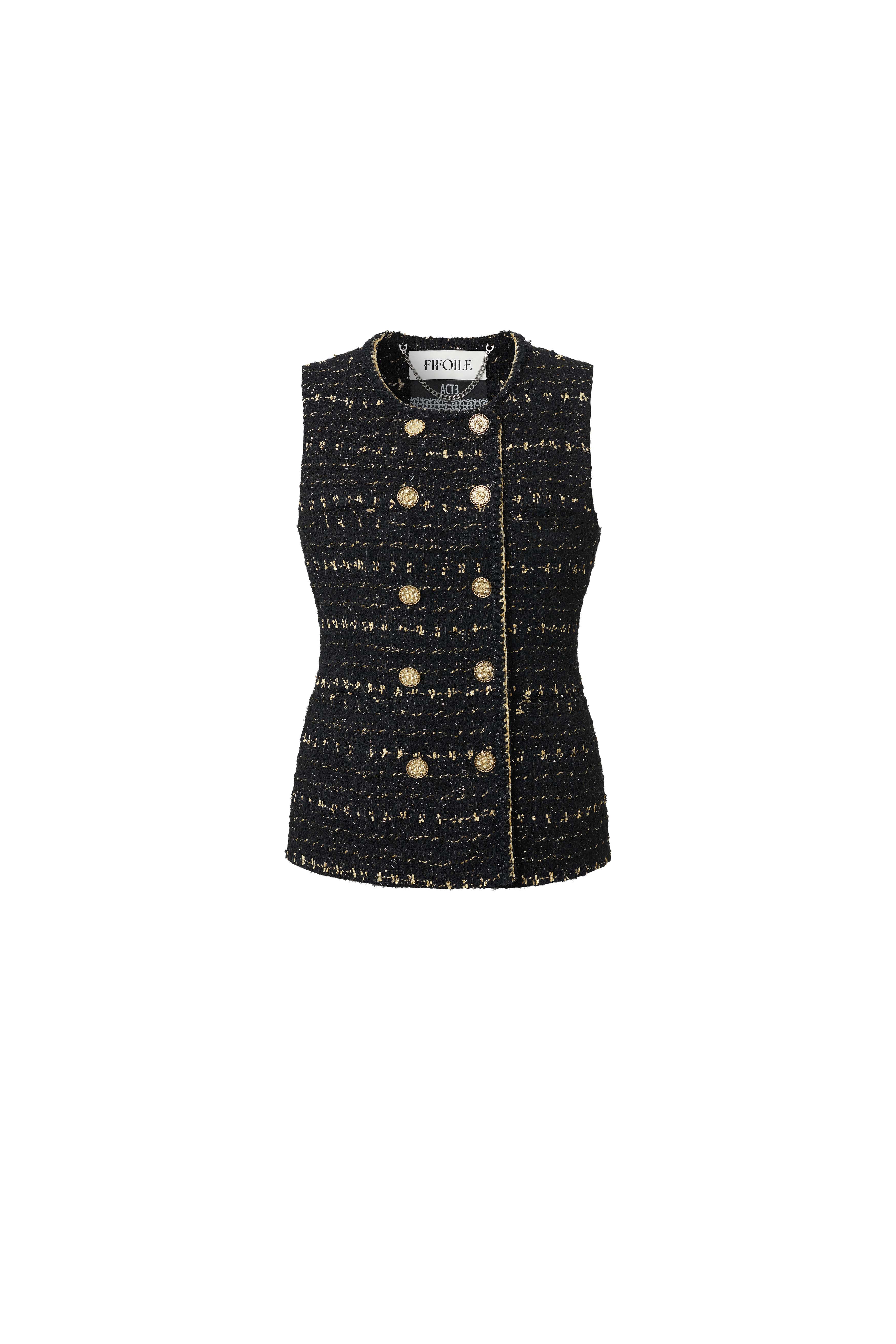Double-Breasted Wool Tweed Vest in Black & Gold