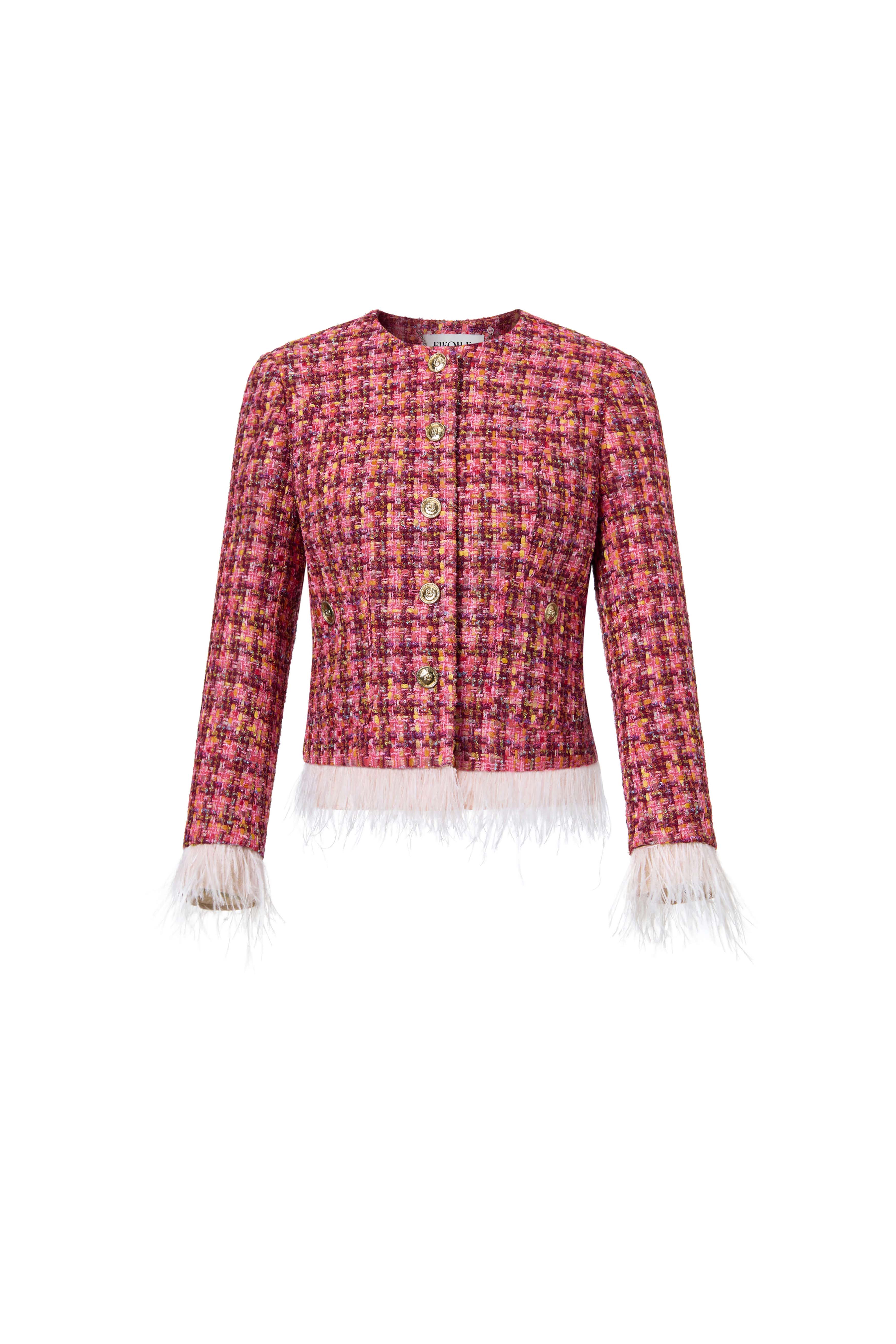 Coral Feathered Tweed Short Jacket