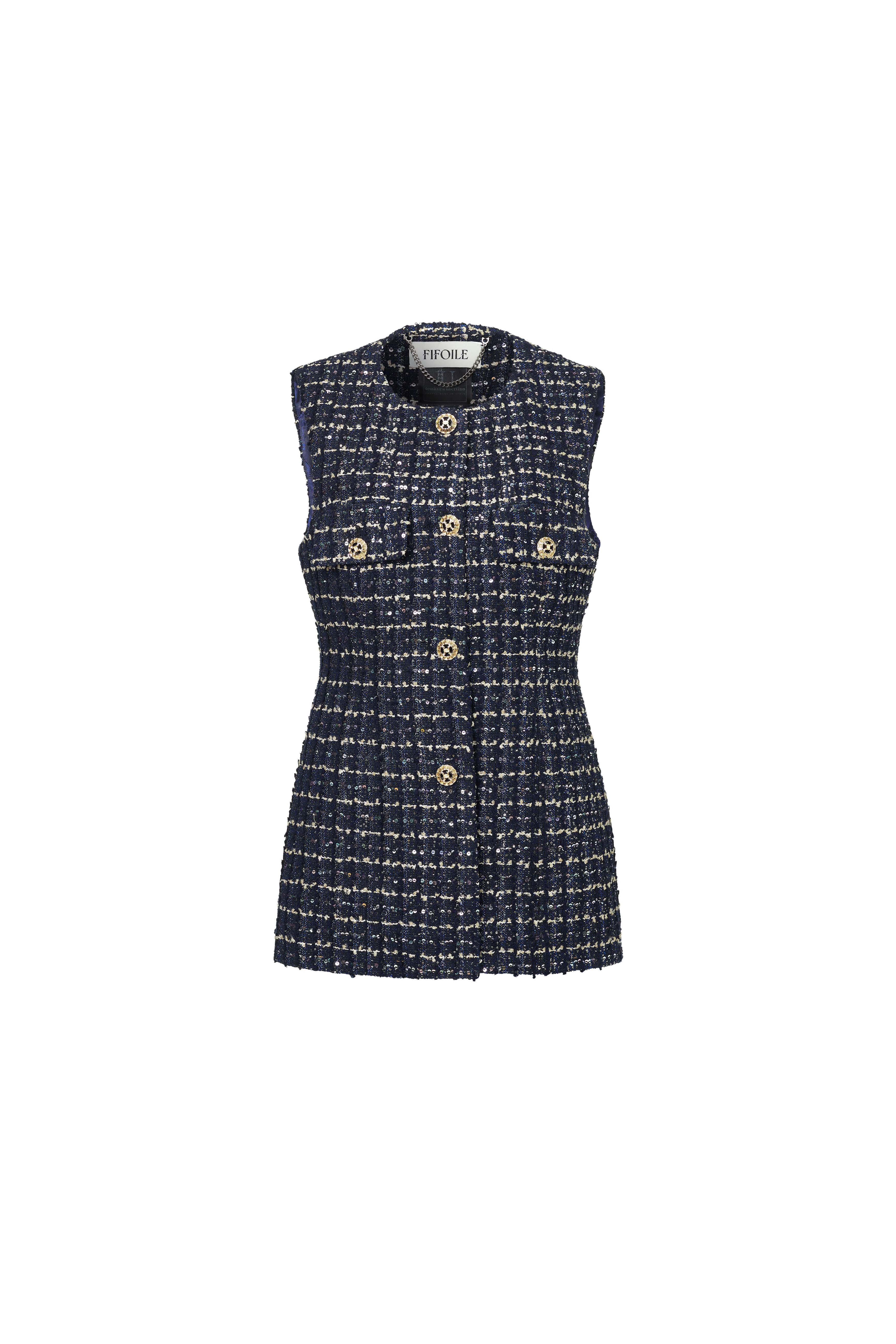 Navy Blue Shiny Tweed Vest