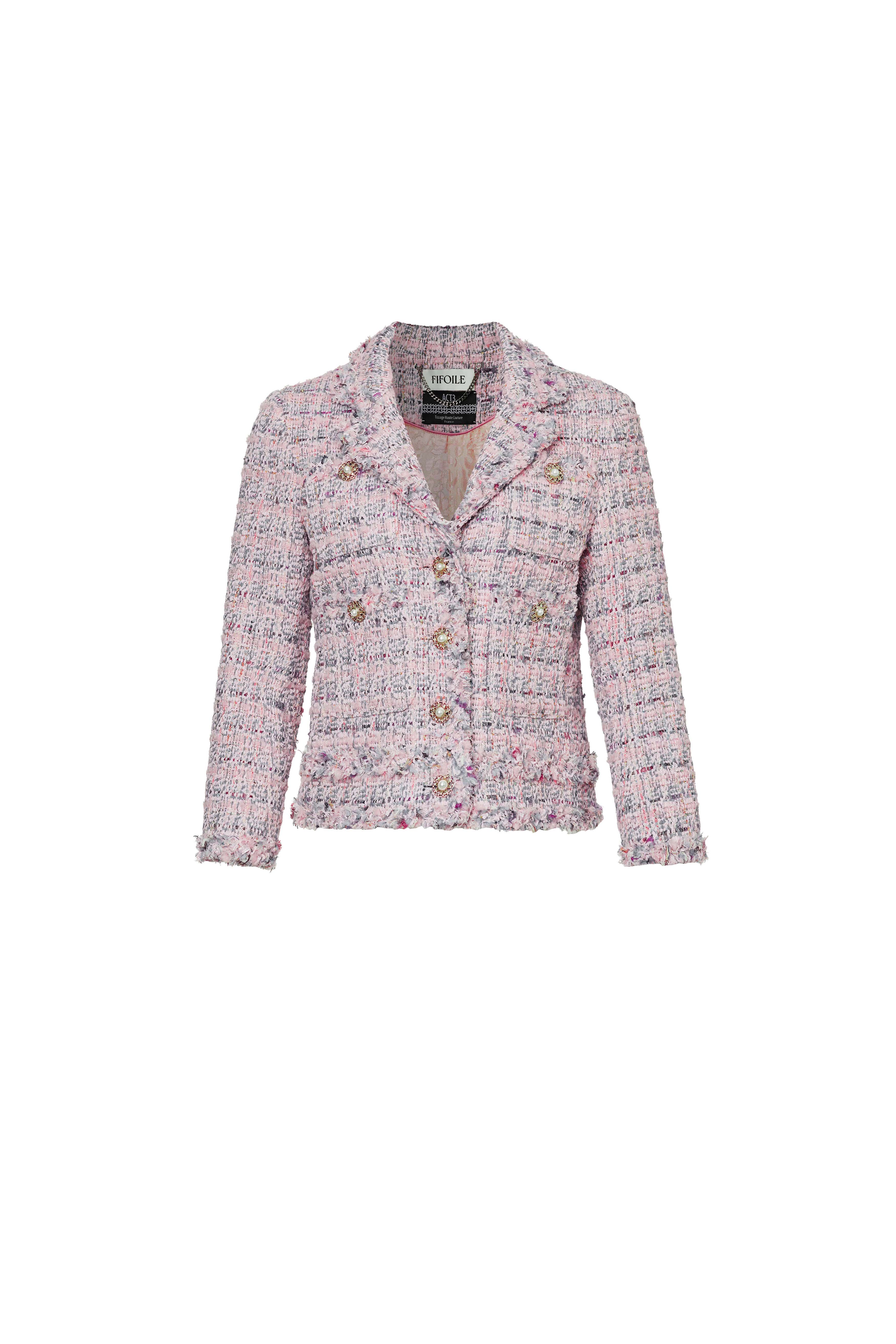 Pink Notched-Collar Floral Tweed  Jacket