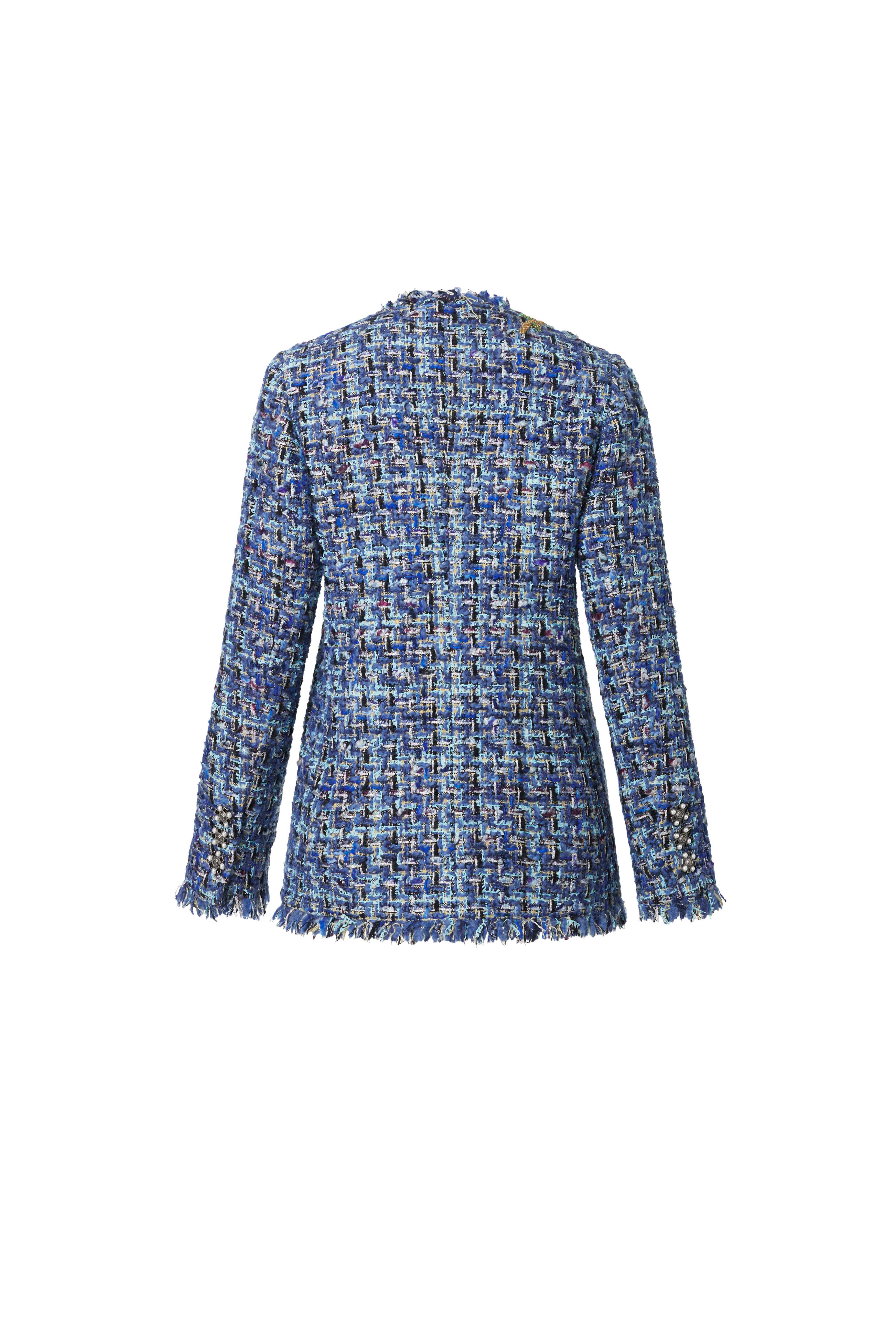 Sea-Blue Embroidered Wool-Blend Tweed Jacket