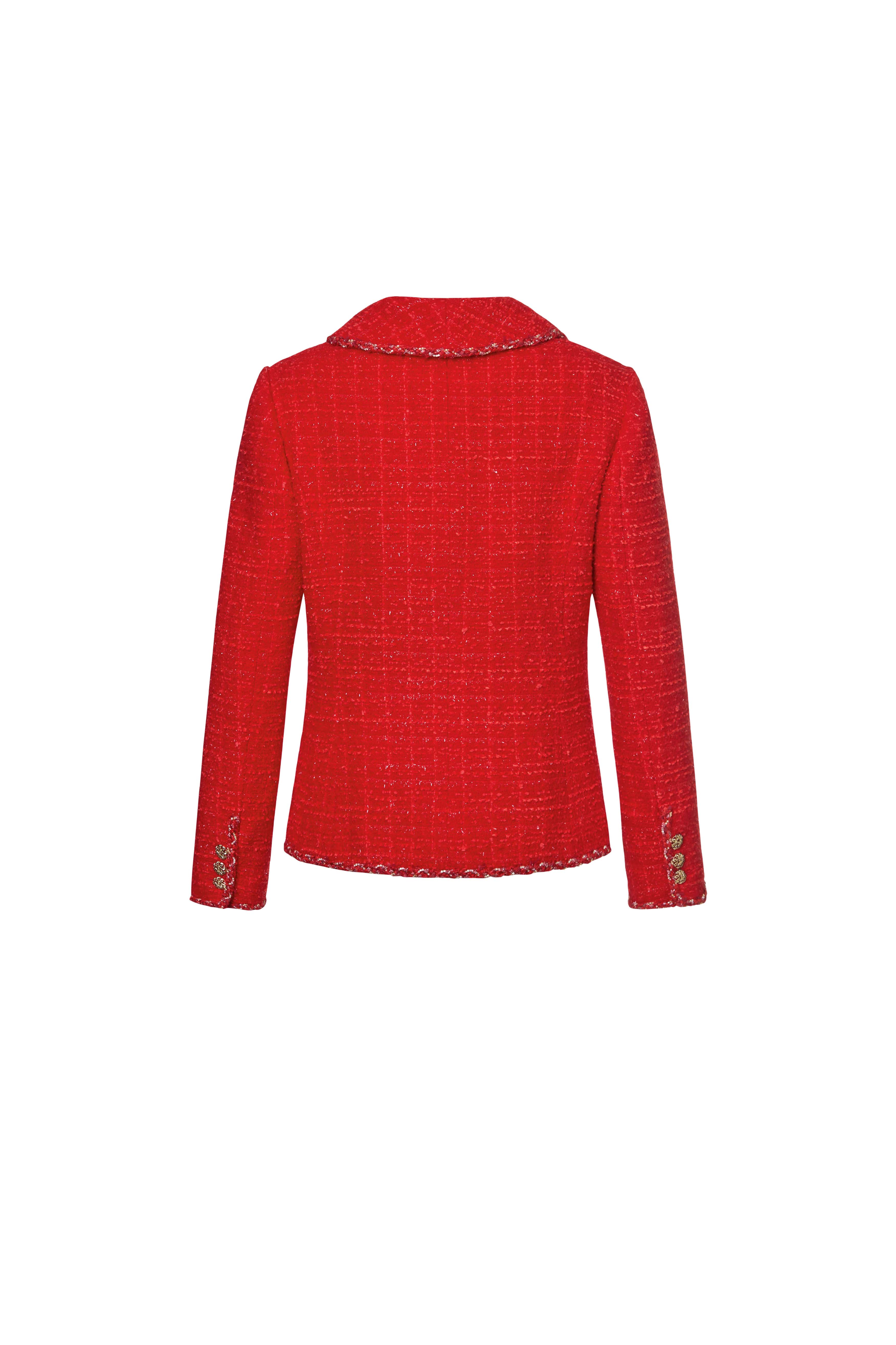 Classic Red Tweed Jacket with Crescent V-Neck Lapel
