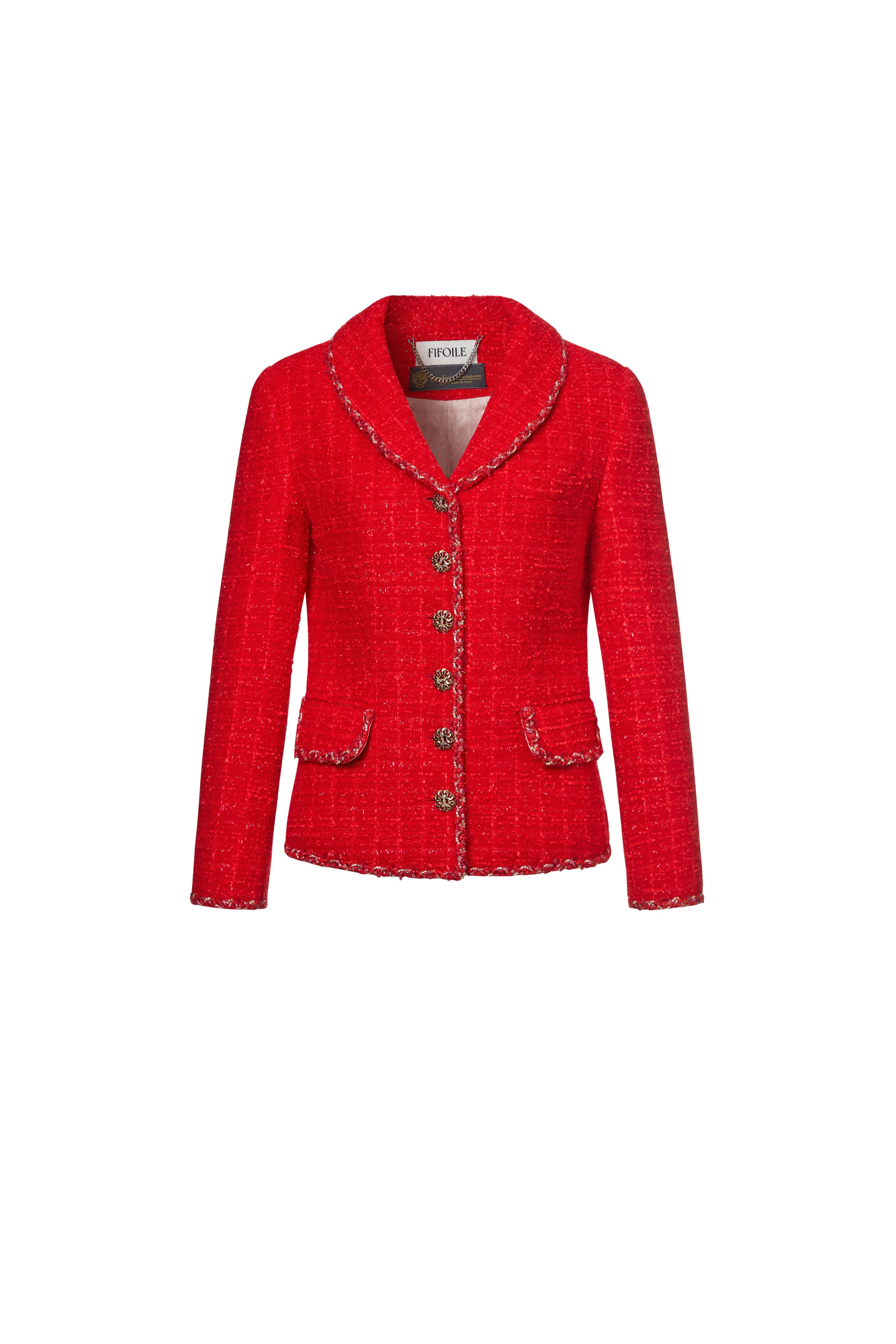 Classic Red Tweed Jacket with Crescent V-Neck Lapel