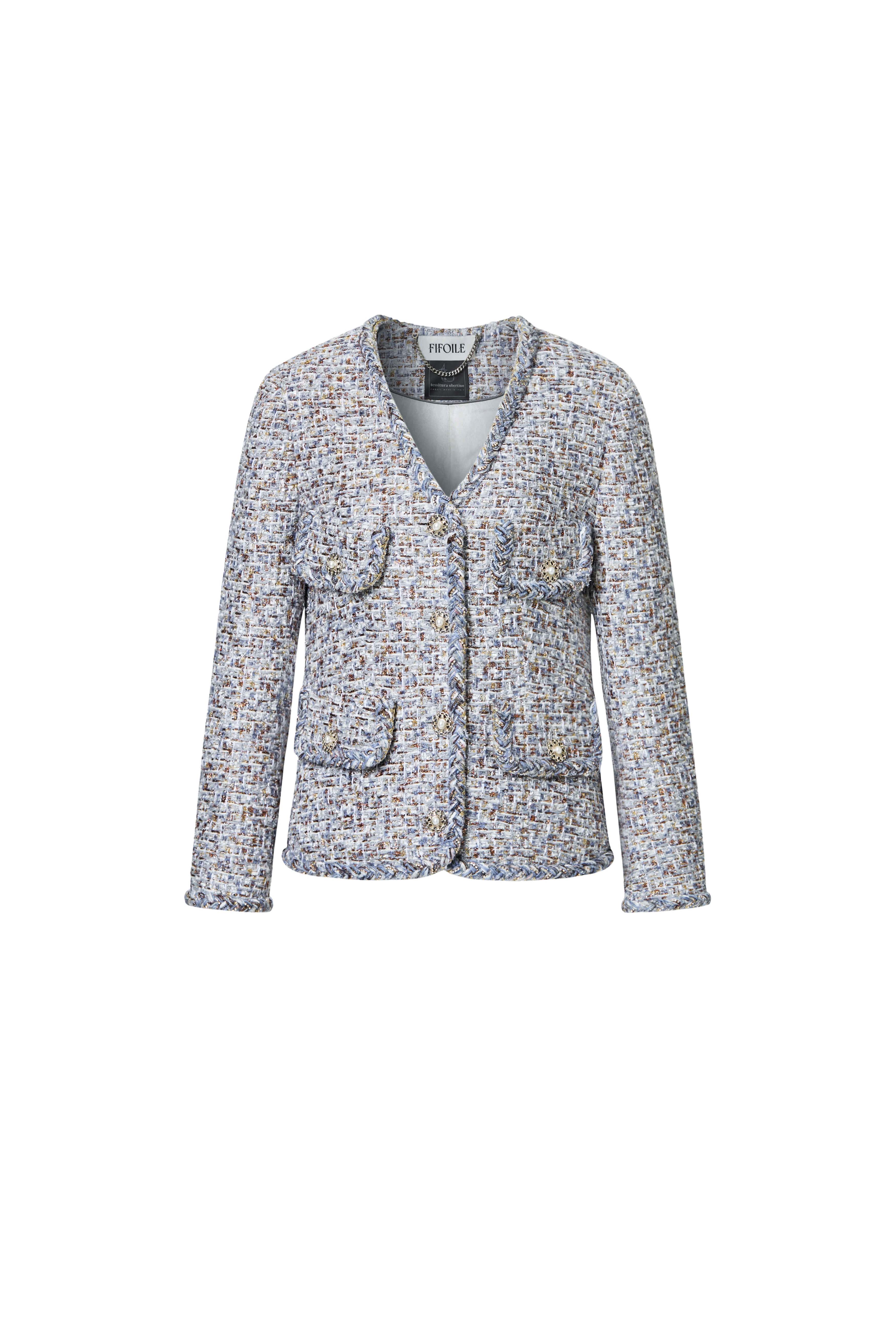 V-Neck Textured light blue Tweed Jacket